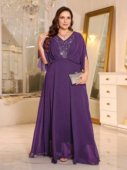 Elegant Plus Size A-Line V-Neck Flutter-Sleeve V-Back Maxi Beaded Mother of Bride Dress