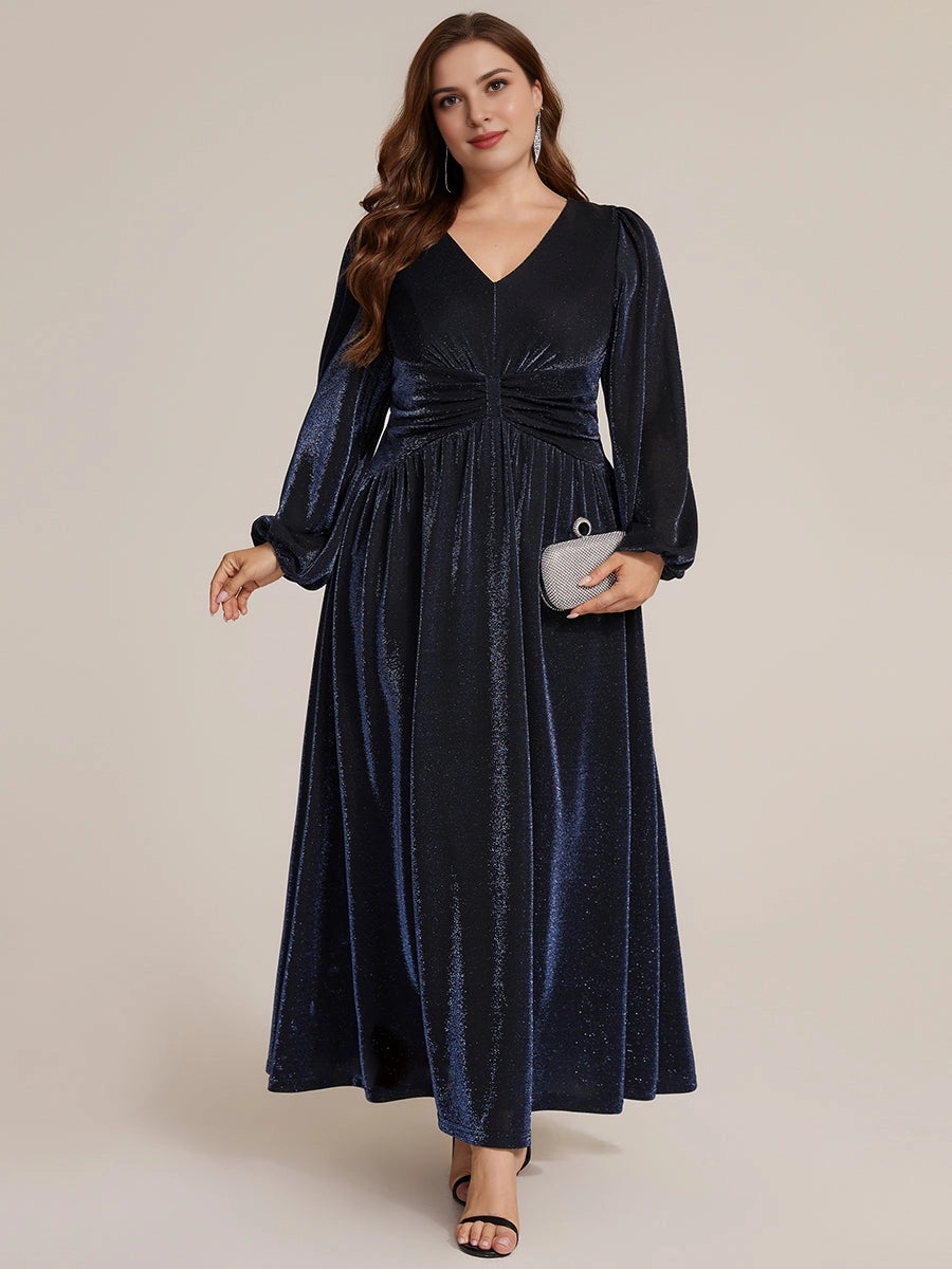 RoselleDress navy blue glitter velvet a line plus size dress long sleeve v neck ruched waist maxi formal wedding guest gown