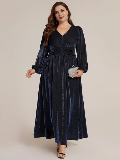 RoselleDress navy blue glitter velvet a line plus size dress long sleeve v neck ruched waist maxi formal wedding guest gown