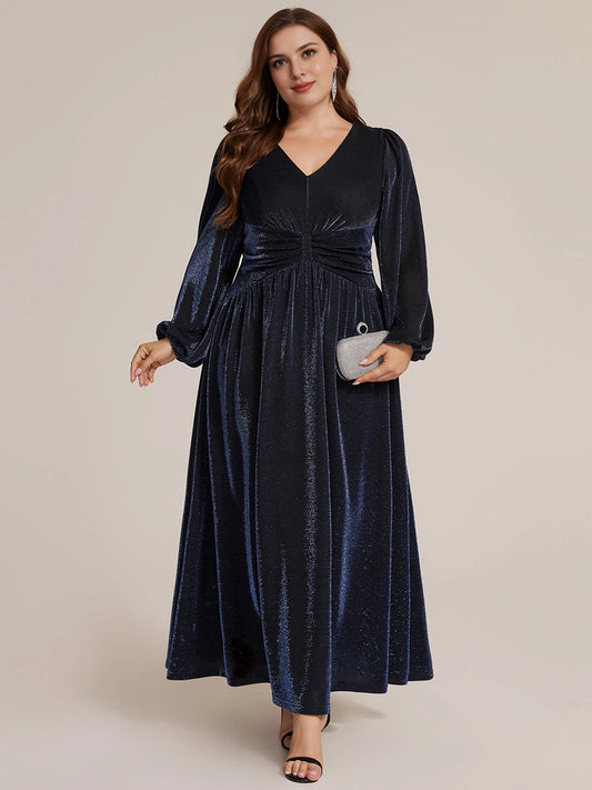 RoselleDress navy blue glitter velvet a line plus size dress long sleeve v neck ruched waist maxi formal wedding guest gown