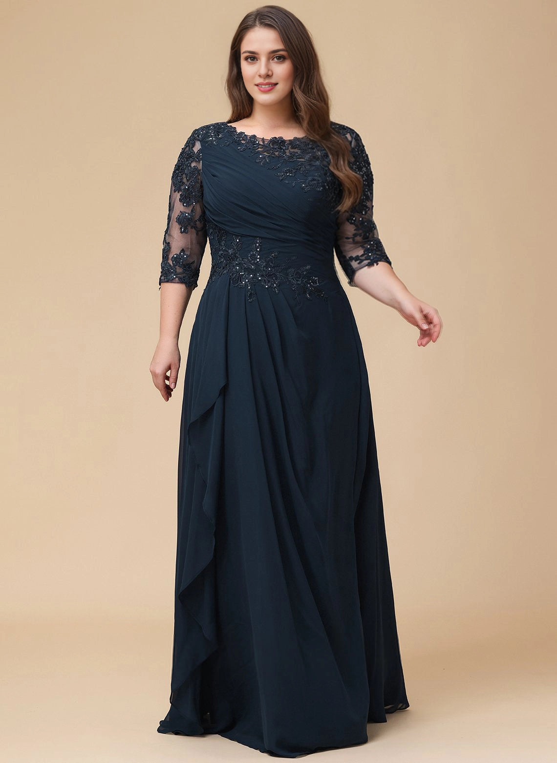 Roselledress navy plus size mother of bride dress lace 3/4 sleeve chiffon formal gown front view