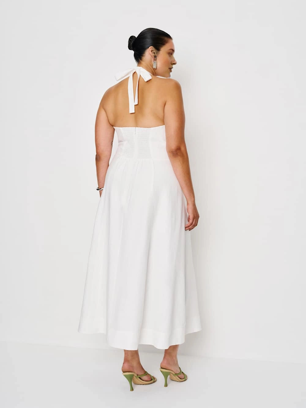 Roselle Dress plus size white halter wedding guest gown, tie‑bow open back smocked panel, linen‑blend midi dress back view