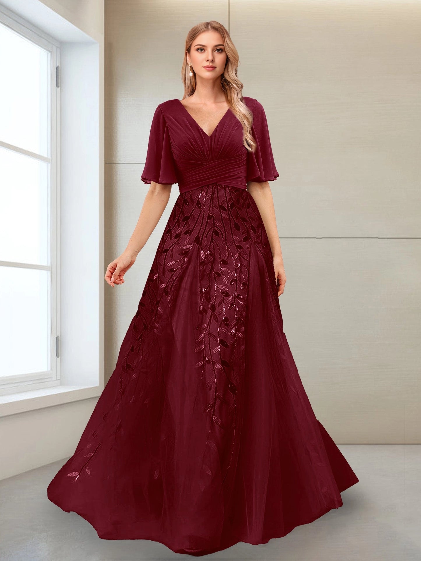 Romantic A Line V Flutter Sleeve Deep V Back Tulle Long Mother Of Bride Dress
