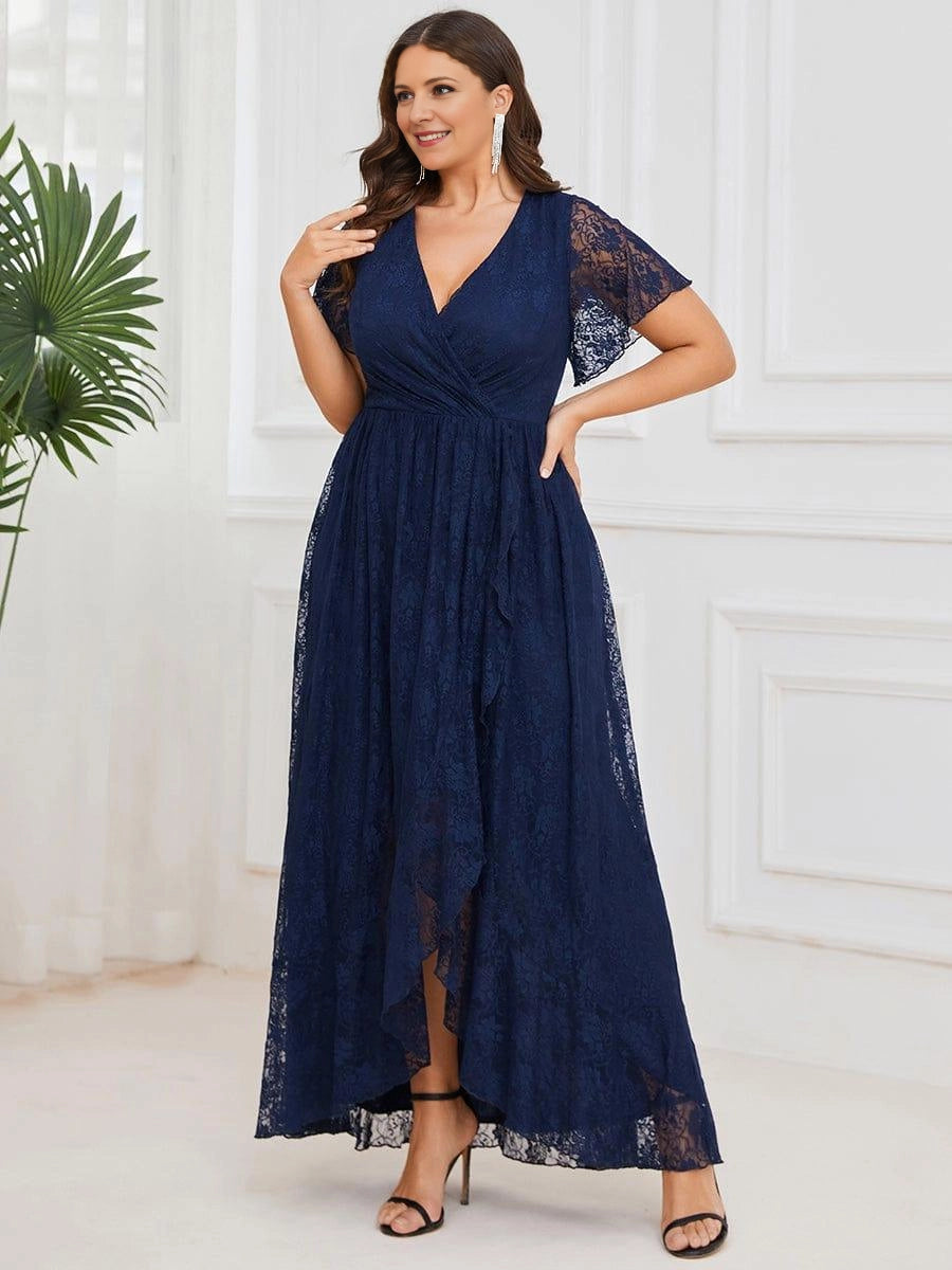 Elegant Plus Size A-Line Wrap V-Neck Flutter-Sleeve Zipper-Back High-Low Mother of Bride Dress
