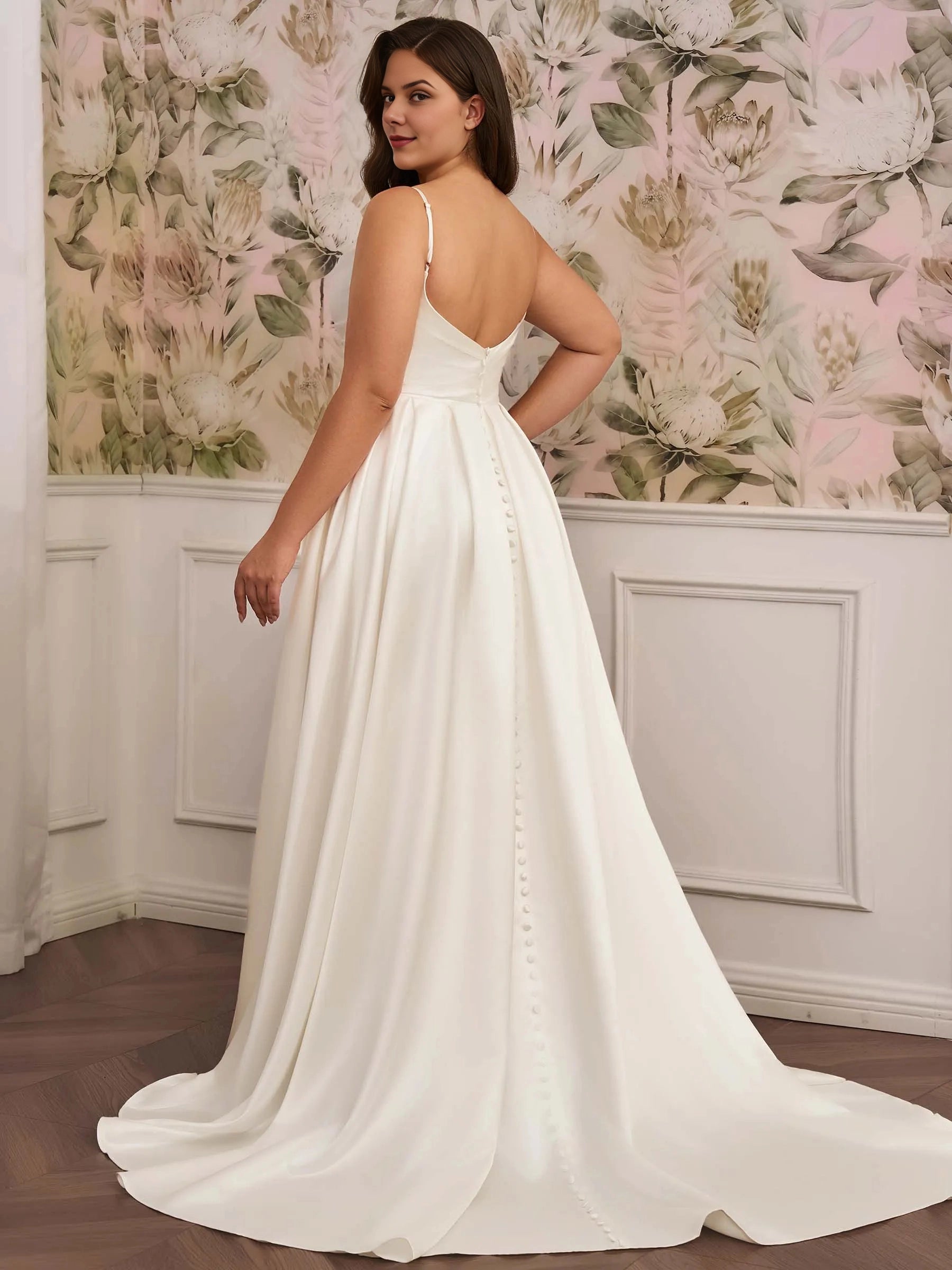 Back view Roselledress plus‑size satin bridal gown low v button back spaghetti strap wedding dress with train