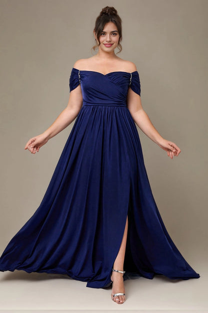 Navy Plus Size A-Line Off Shoulder Short Sleeve Closed Back Long Prom Dress