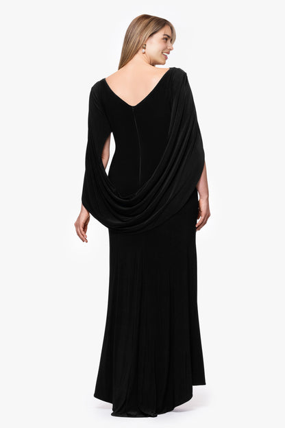 Plus Size Elegant Sheath Boat Neck Cape Sleeve V-Back Maxi Wedding Guest Dress