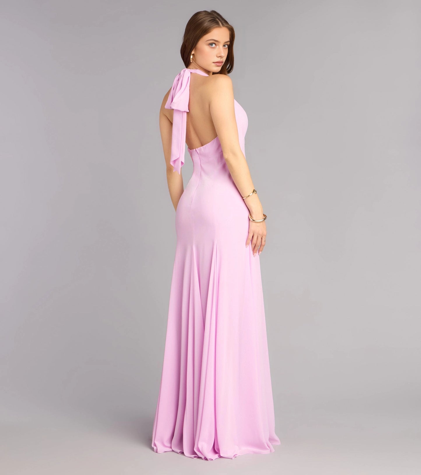 RoselleDress tie open back blush pink flowy chiffon maxi gown halter neck bow back view