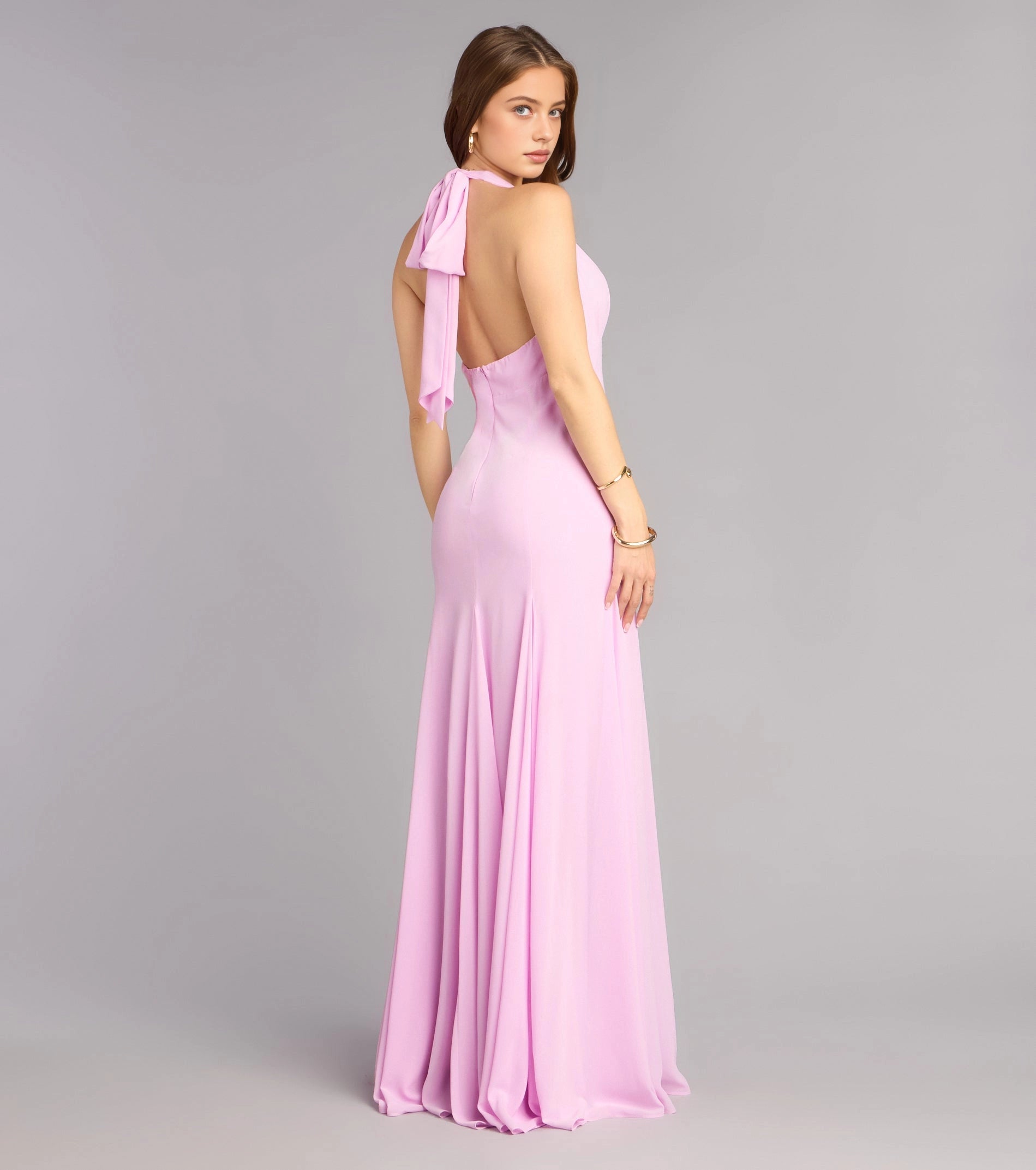RoselleDress tie open back blush pink flowy chiffon maxi gown halter neck bow back view