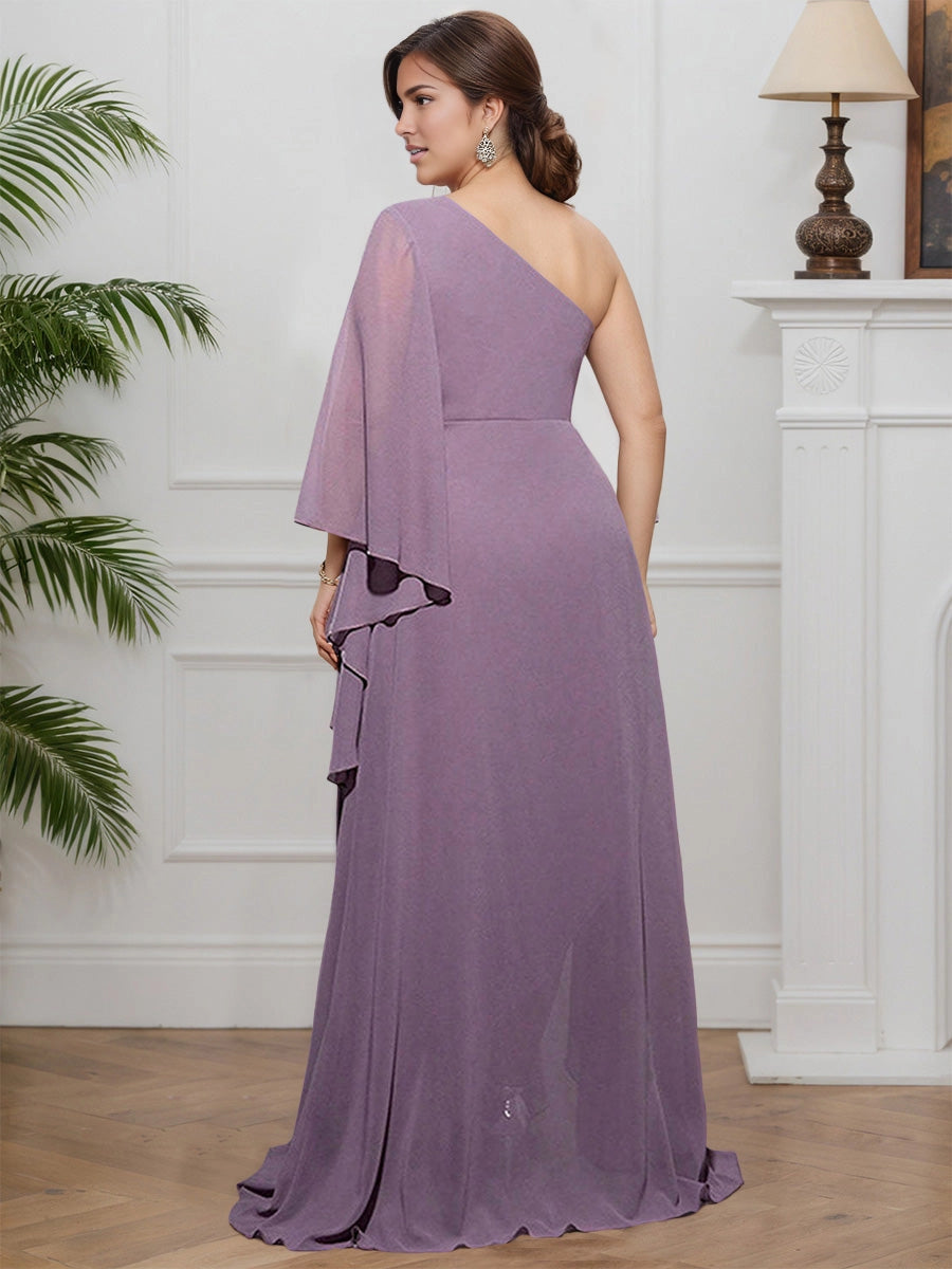 Back view Roselledress dusty purple formal long dress, plus size mother of bride gown with open one‑shoulder back chiffon cape detail