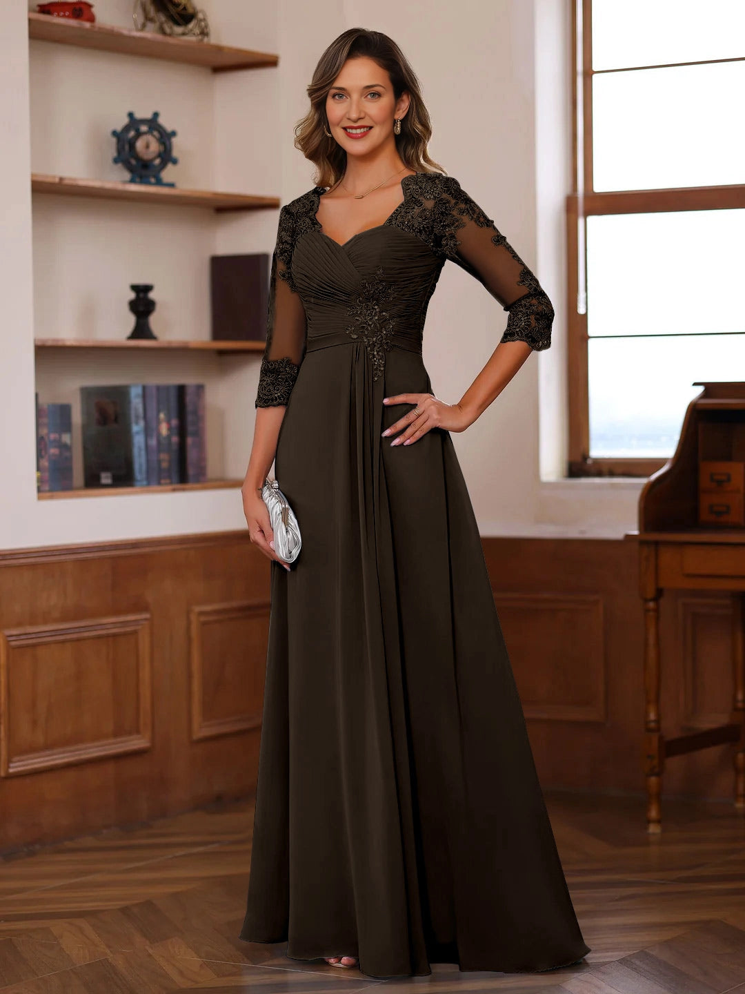 Elegant A-Line Sweetheart Neck Three-Quarter-Sleeve V-Back Floor-Length Mother of the Bride Dresses