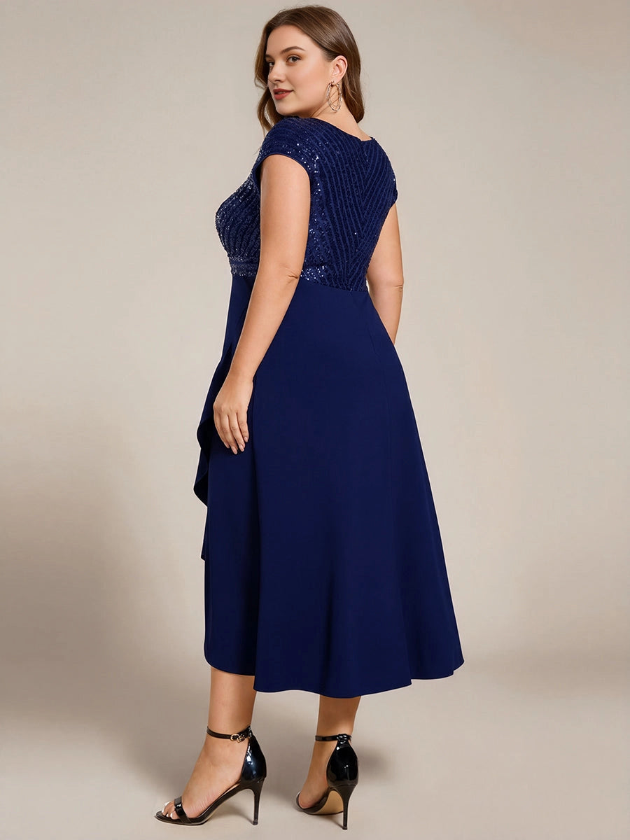 Plus Size Sequin Bodice V-Neck Cap Sleeve Asymmetrical Mother of Bride Dress
