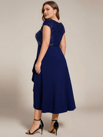 Plus Size Sequin Bodice V-Neck Cap Sleeve Asymmetrical Mother of Bride Dress