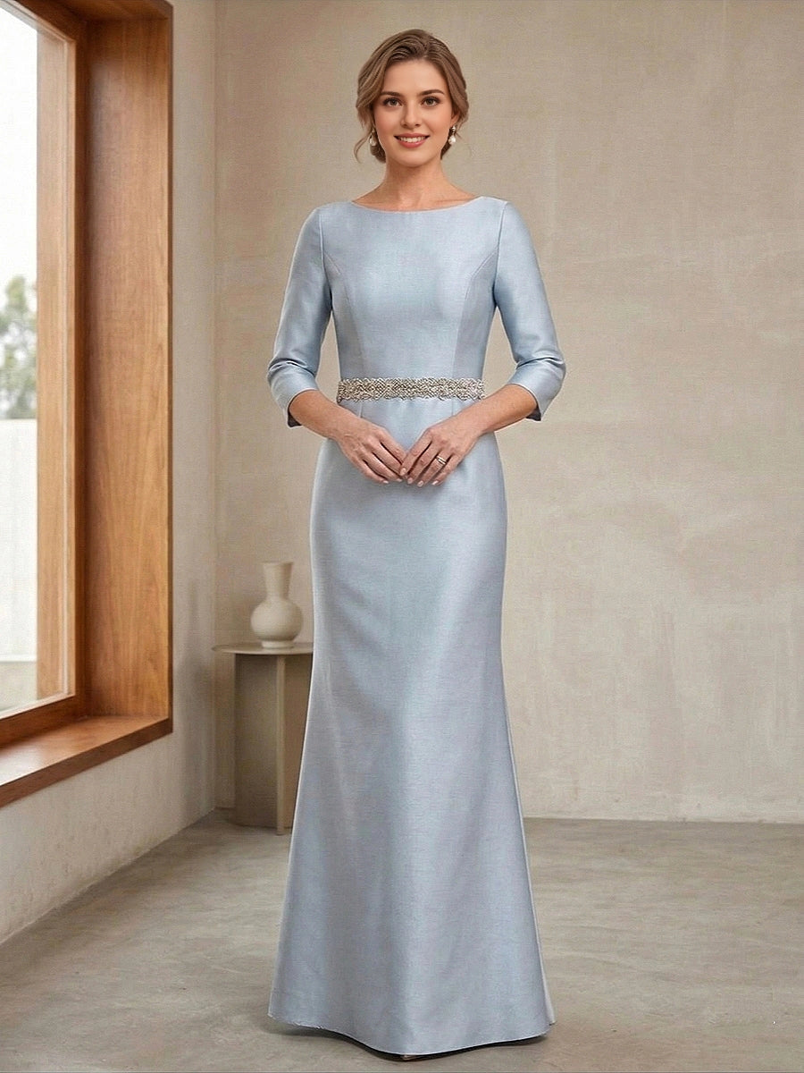 Roselledress light blue plus size bateau neck satin mother dress 3/4 sleeve rhinestone waist mermaid formal gown