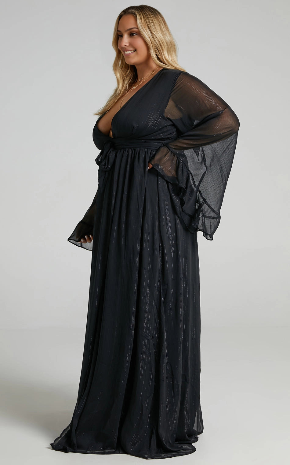 Boho A Line V Neck Bell Sleeve Tie Waist Chiffon Plus Size Wedding Guest Dress