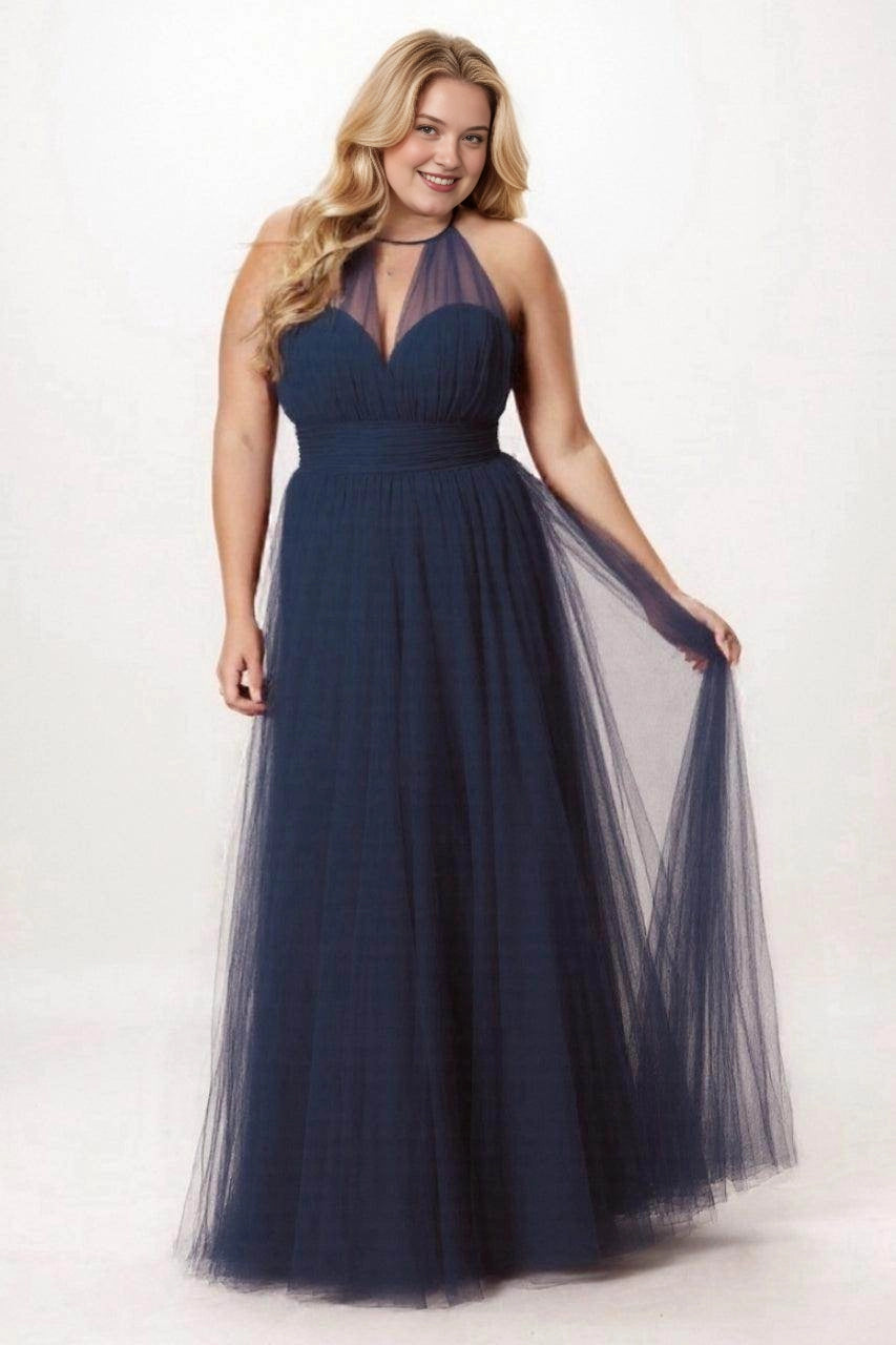 Navy tulle A-line bridesmaid dress with a sheer halter neckline, sweetheart bodice, ruched waistband and floor-length skirt, front view.