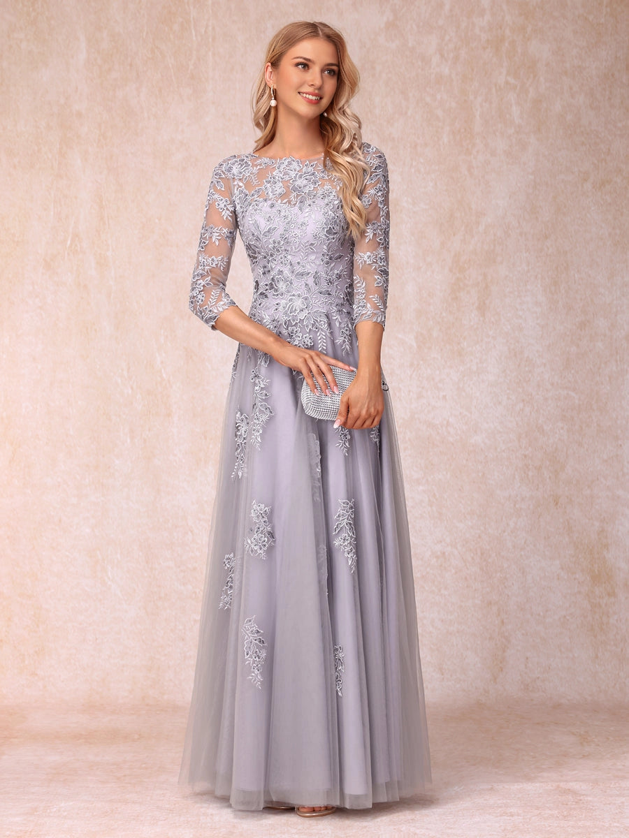 roselledress lavender floral lace illusion round neck 3/4 sleeve mother of bride tulle gown