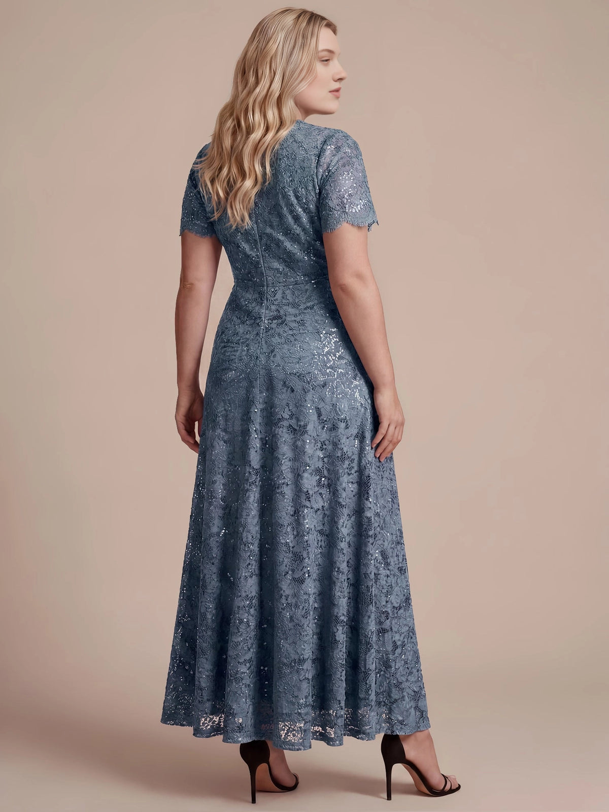Plus Size Sequin Lace V-Neck Flutter Sleeve Long Mother of Bride Dress