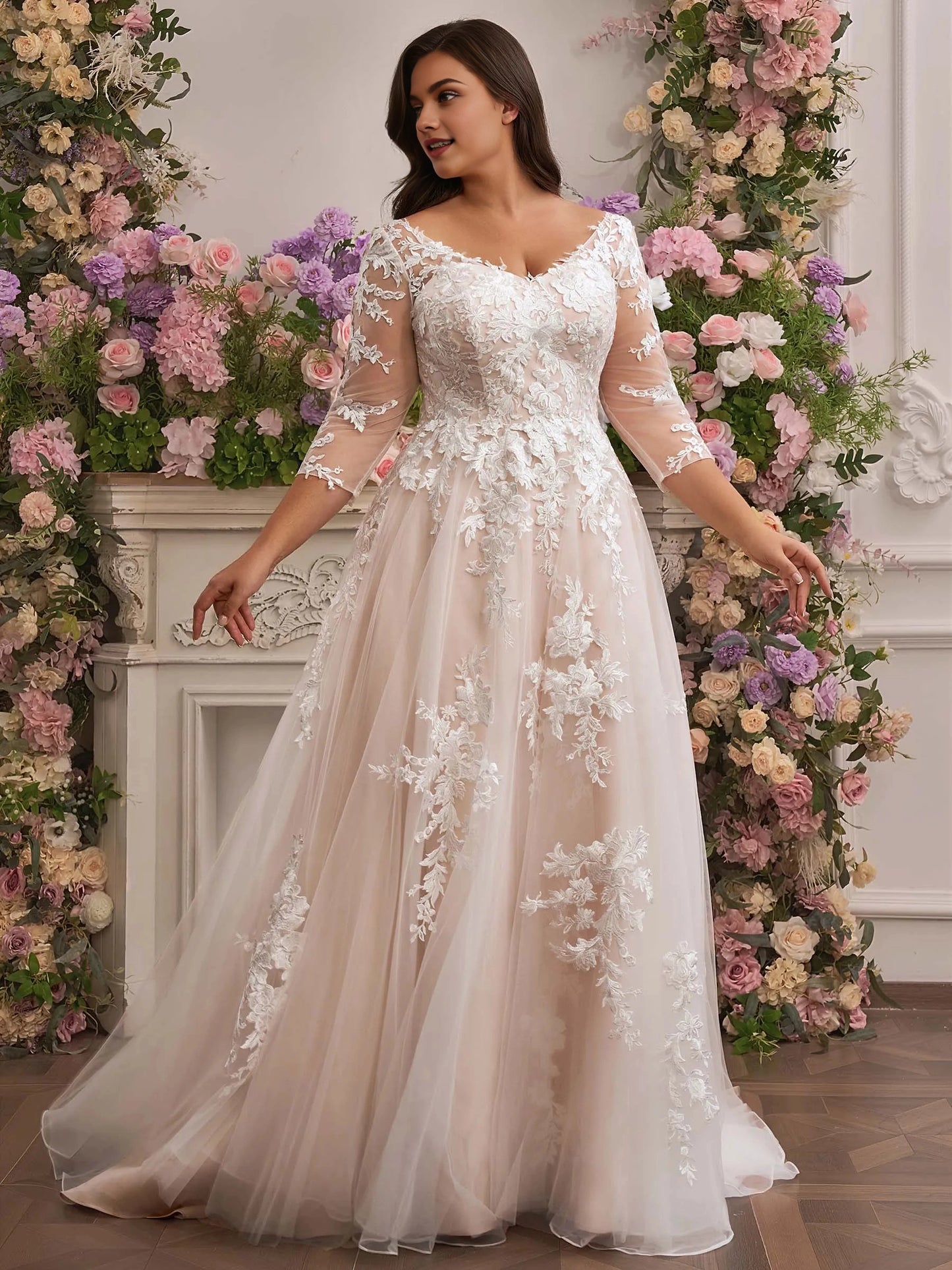 Romantic A‑Line V‑Neck 3/4‑Sleeve V‑Zip‑Back Court‑Train Plus Size Wedding Dress