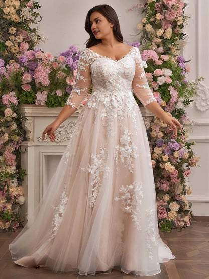Romantic A‑Line V‑Neck 3/4‑Sleeve V‑Zip‑Back Court‑Train Plus Size Wedding Dress