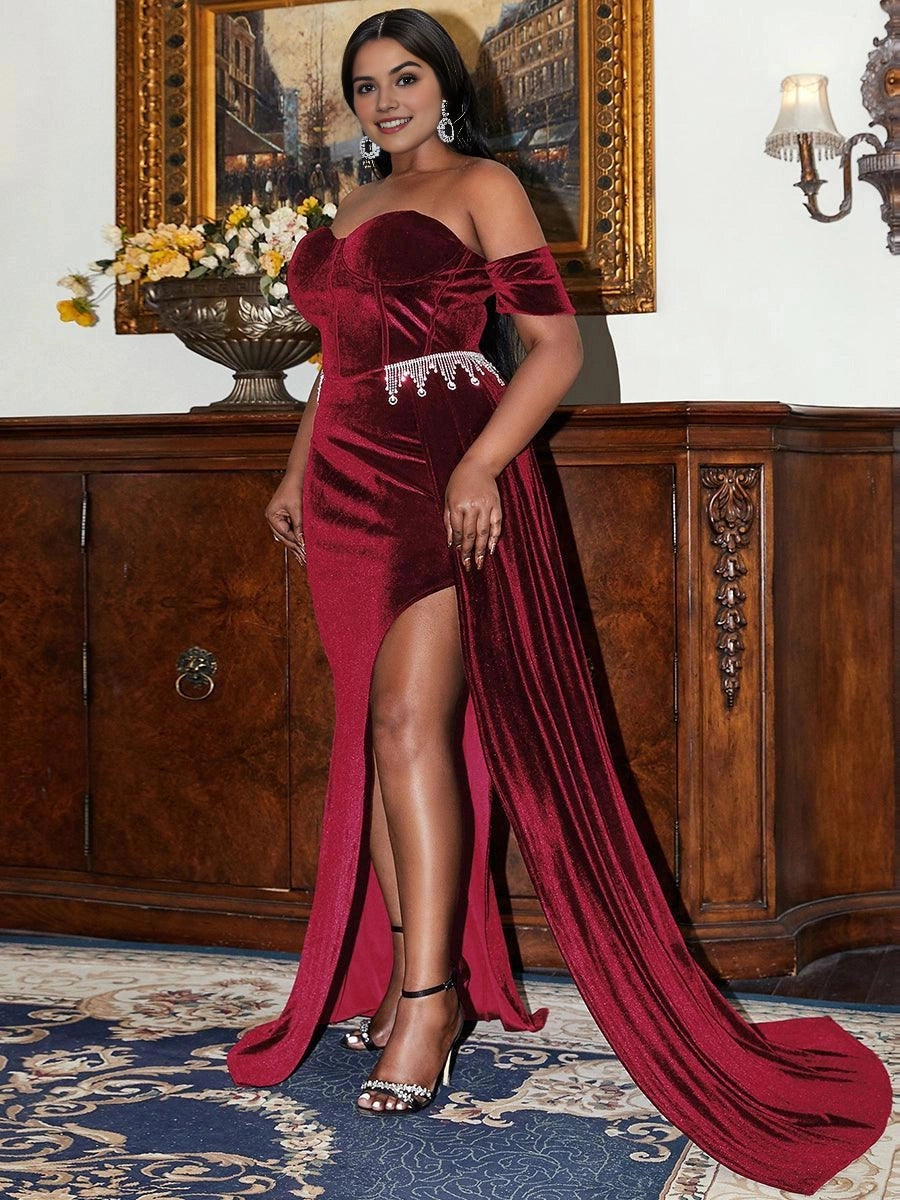 Glamorous Mermaid Sweetheart Off‑Shoulder Open‑Back Train‑Length Plus Size Prom Dress 