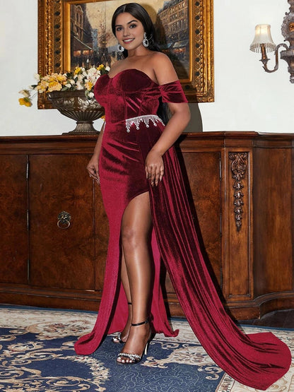 Glamorous Mermaid Sweetheart Off‑Shoulder Open‑Back Train‑Length Plus Size Prom Dress 