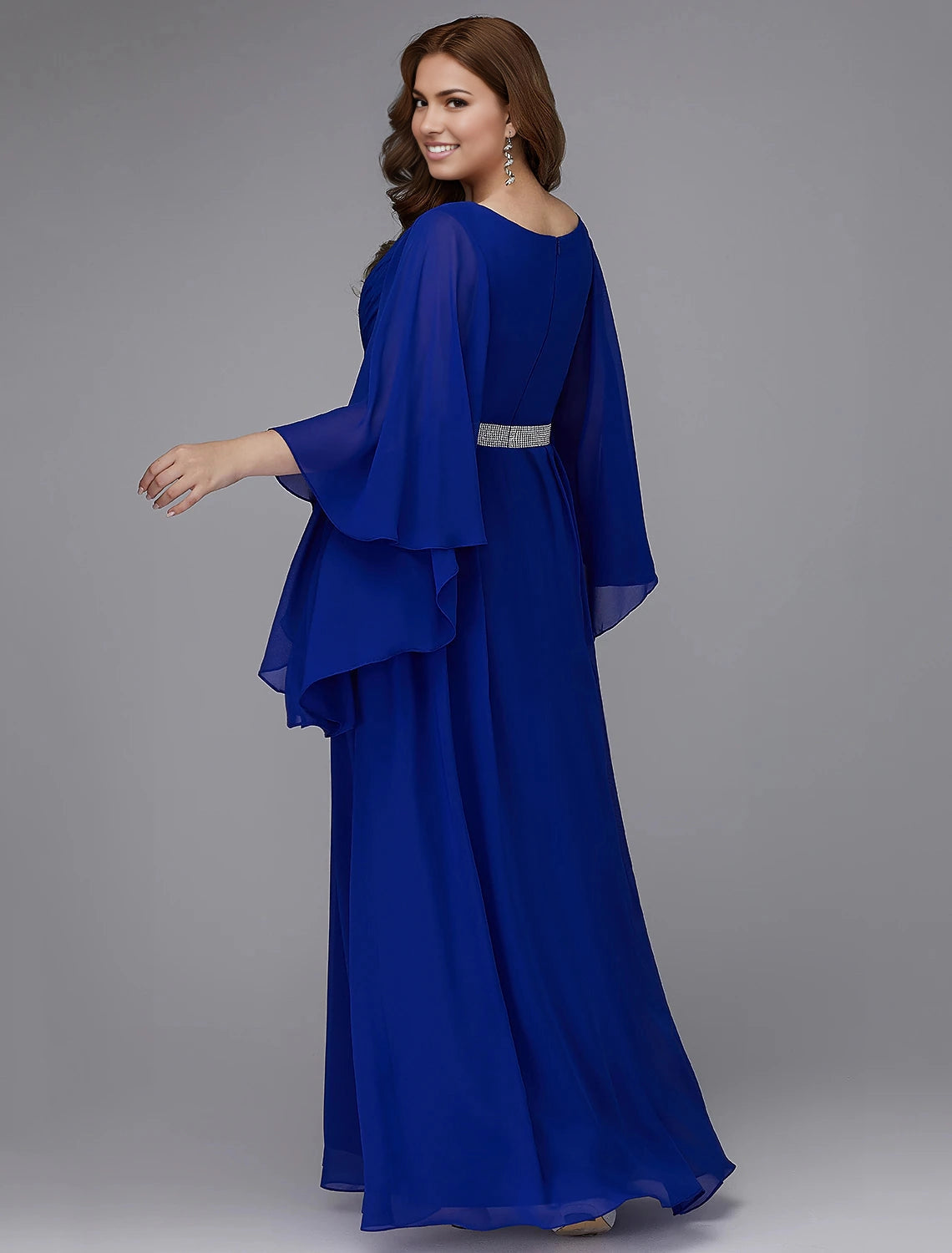 Roselledress royal blue plus size formal gown back view, round back zip‑back chiffon floor‑length mother of bride dress with cape sleeves