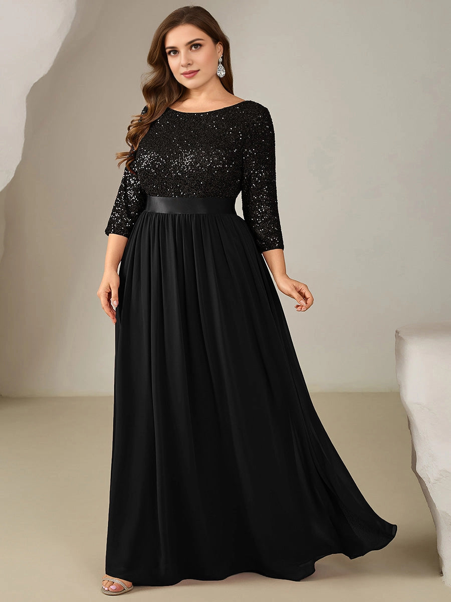 Roselledress Burgundy A Line Boat Neck 3/4 Sleeve Zip Back Floor Length Plus Size Wedding Guest Dress