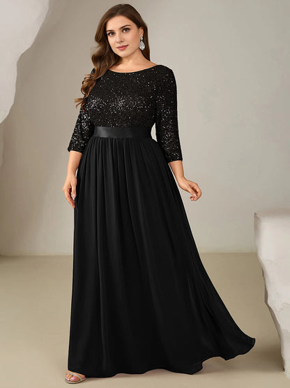 Roselledress Burgundy A Line Boat Neck 3/4 Sleeve Zip Back Floor Length Plus Size Wedding Guest Dress