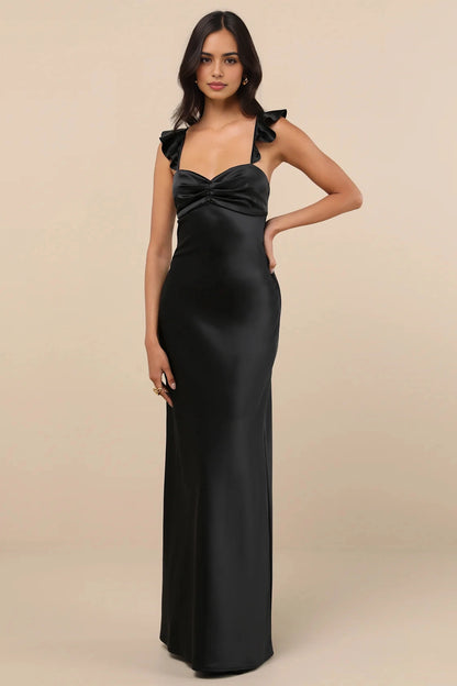 roselledress solid black glossy shiny satin flutter ruffle thin spaghetti ruched sweetheart bust seamless fitted mermaid long cocktail gown neutral beige studio full front shot