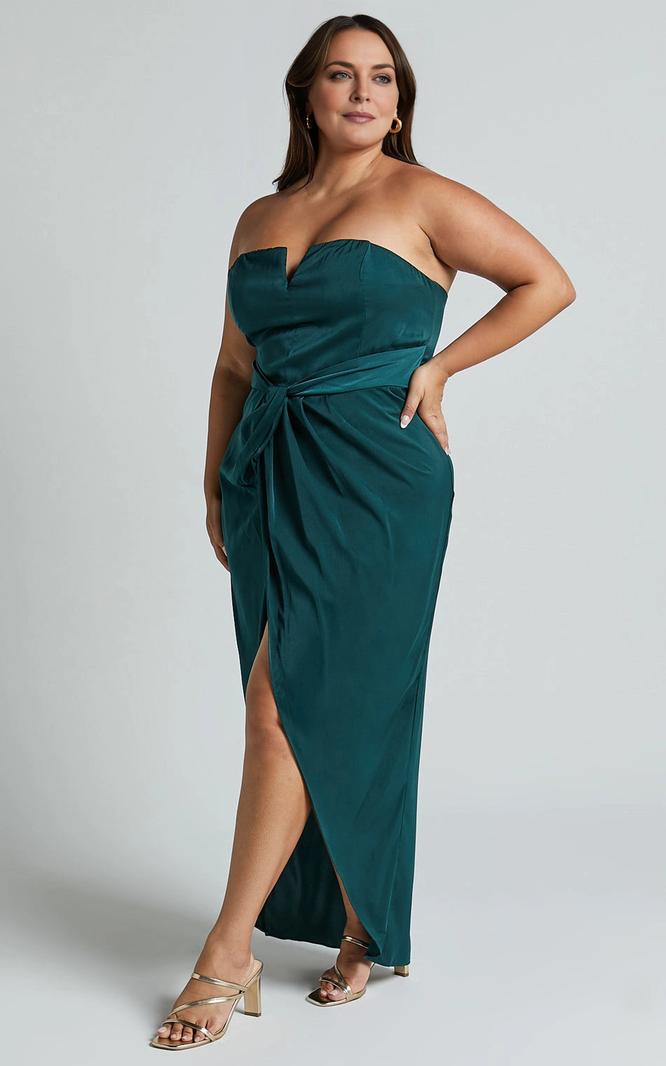 Halter Cross Back Ruched Waist Satin Midi Plus Size Bridesmaid Dress