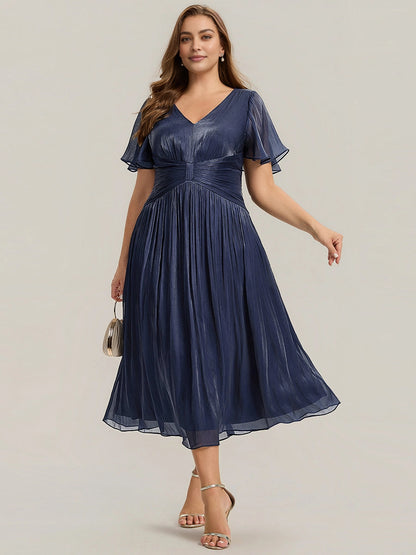 Sage Shimmer Chiffon Flutter Sleeve Midi Plus Size Wedding Guest Dress