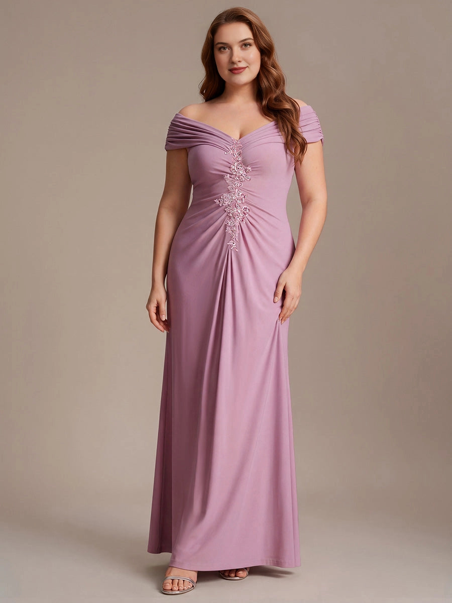 Plus Size Off-the-Shoulder V-Neck Sequin Lace Ruched Long Mother of Bride Dress
