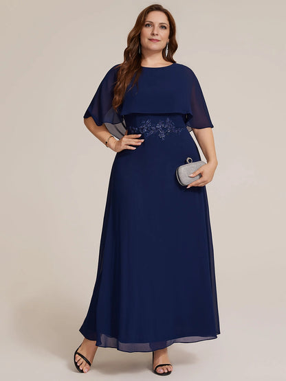 Elegant Plus Size A-Line Boat-Neck Cape-Sleeve Square-Back Maxi Mother of Bride Dress