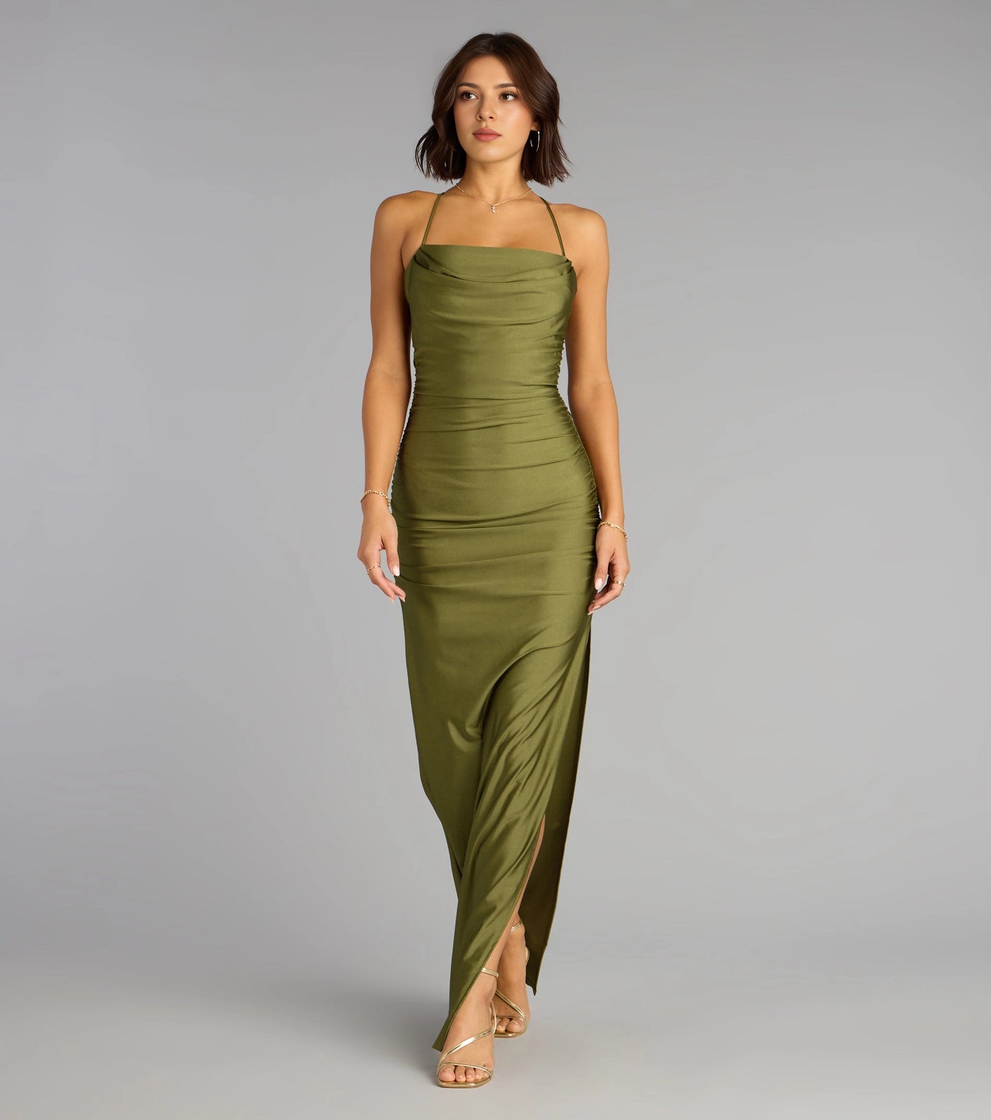 Roselledress olive green satin formal gown cowl neck spaghetti strap ruched waist high slit maxi bridesmaid dress