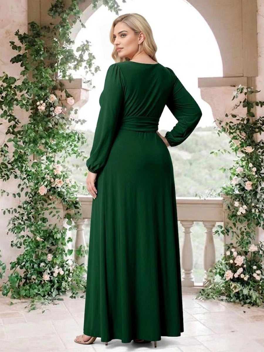 RoselleDress emerald green plus‑size a‑line wedding guest gown round back neckline puff long sleeve dress back view floor‑length formal mother of bride gown