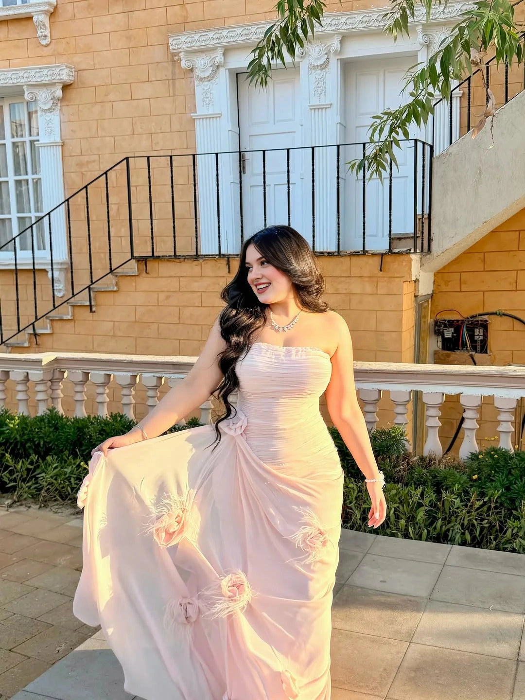 Romantic Plus Size Sheath Strapless Zip Back Long Blush Chiffon Evening Dress