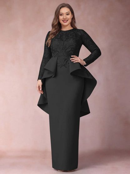 Sheath Round Neck Long Sleeve Back Zipper Maxi Plus Size Lace Peplum Mother Of The Bride Dress