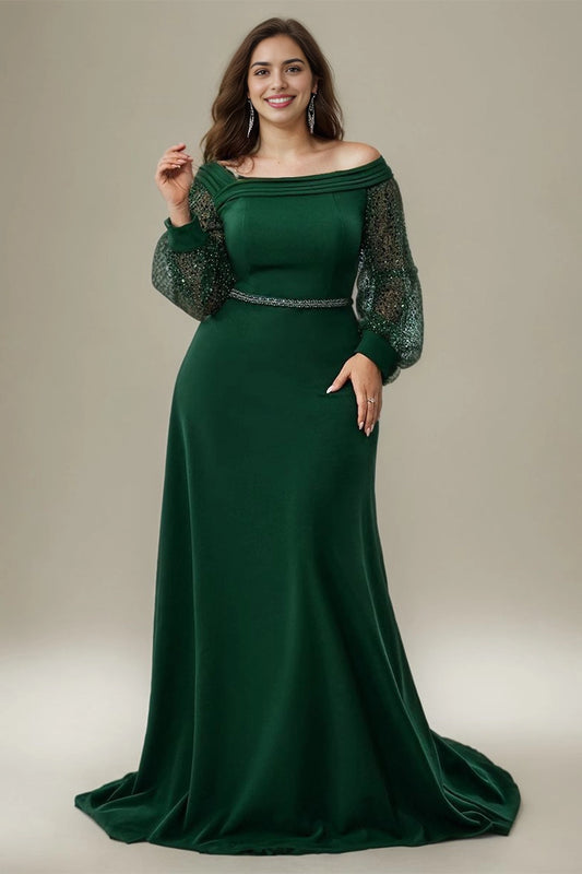 Roselledress forest green plus size off shoulder long prom dress sequin mesh long sleeve mermaid evening gown with pockets