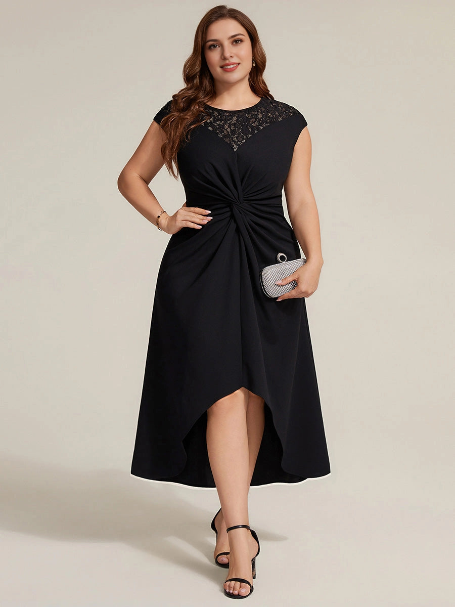 Roselledress Burgundy Sheath Round Lace Cap Sleeve Zip Back High Low Midi Plus Size Weeding Guest Dress