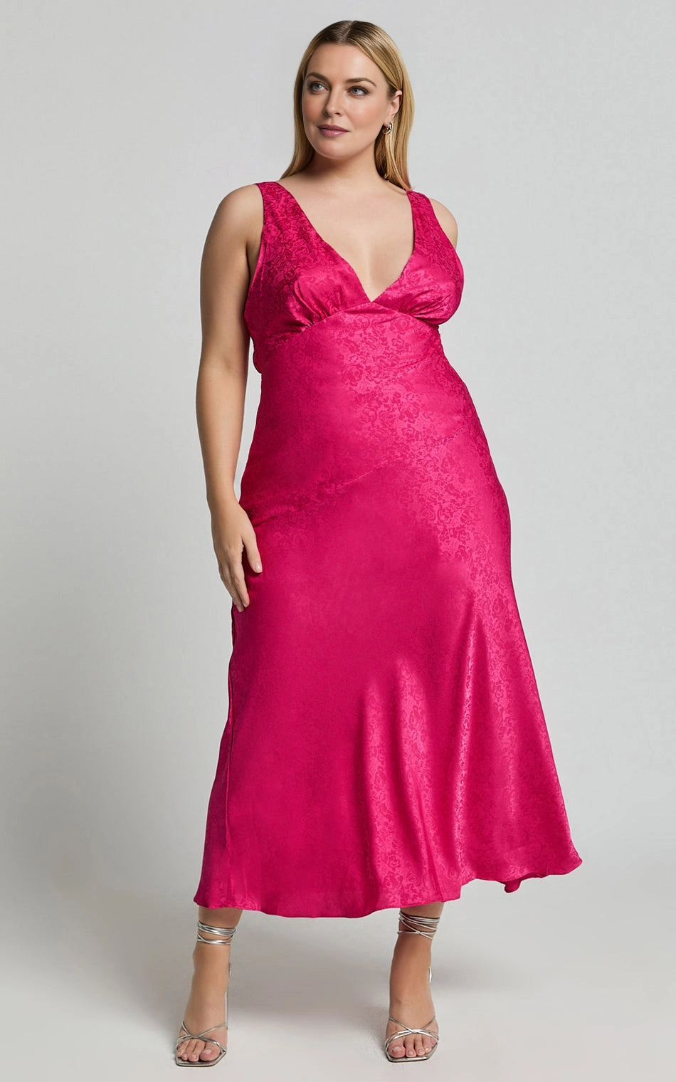 Satin Jacquard V Neck Sleeveless Cutout Back Midi Plus Size Wedding Guest Dress