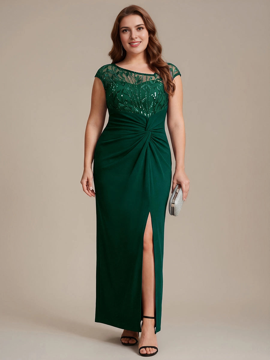 roselledress forest green plus size wedding guest floor sheath dress boat neck cap sleeve leaf sequin mesh twisted waist front high slit formal evening gown