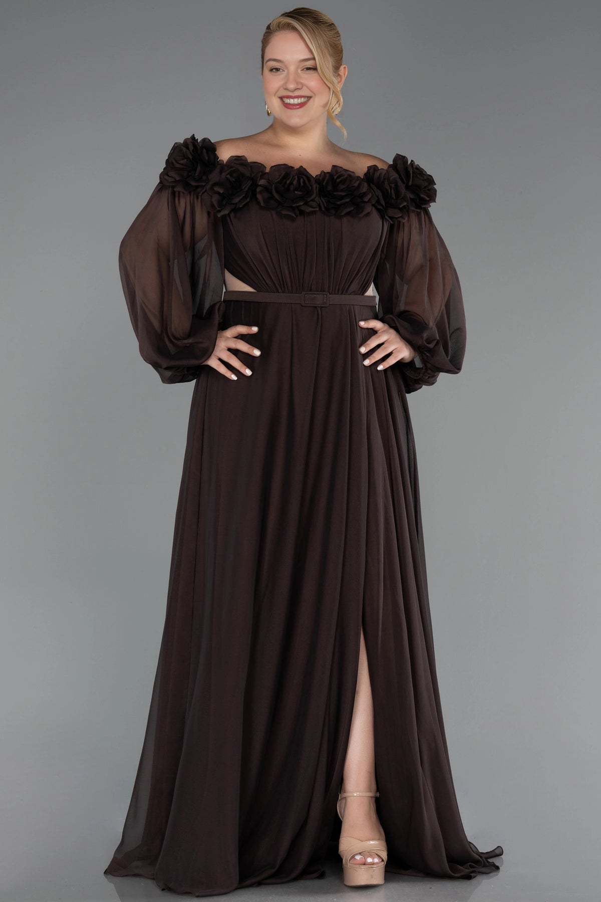 Elegant A-Line Square-Neck Sheer-Sleeve Zipper-Back Floor-Length Plus Size Wedding Guest Dress