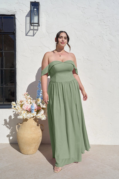 Romantic A-Line Sweetheart Off Shoulder Zipper Back Long Plus Size Bridesmaid Dress