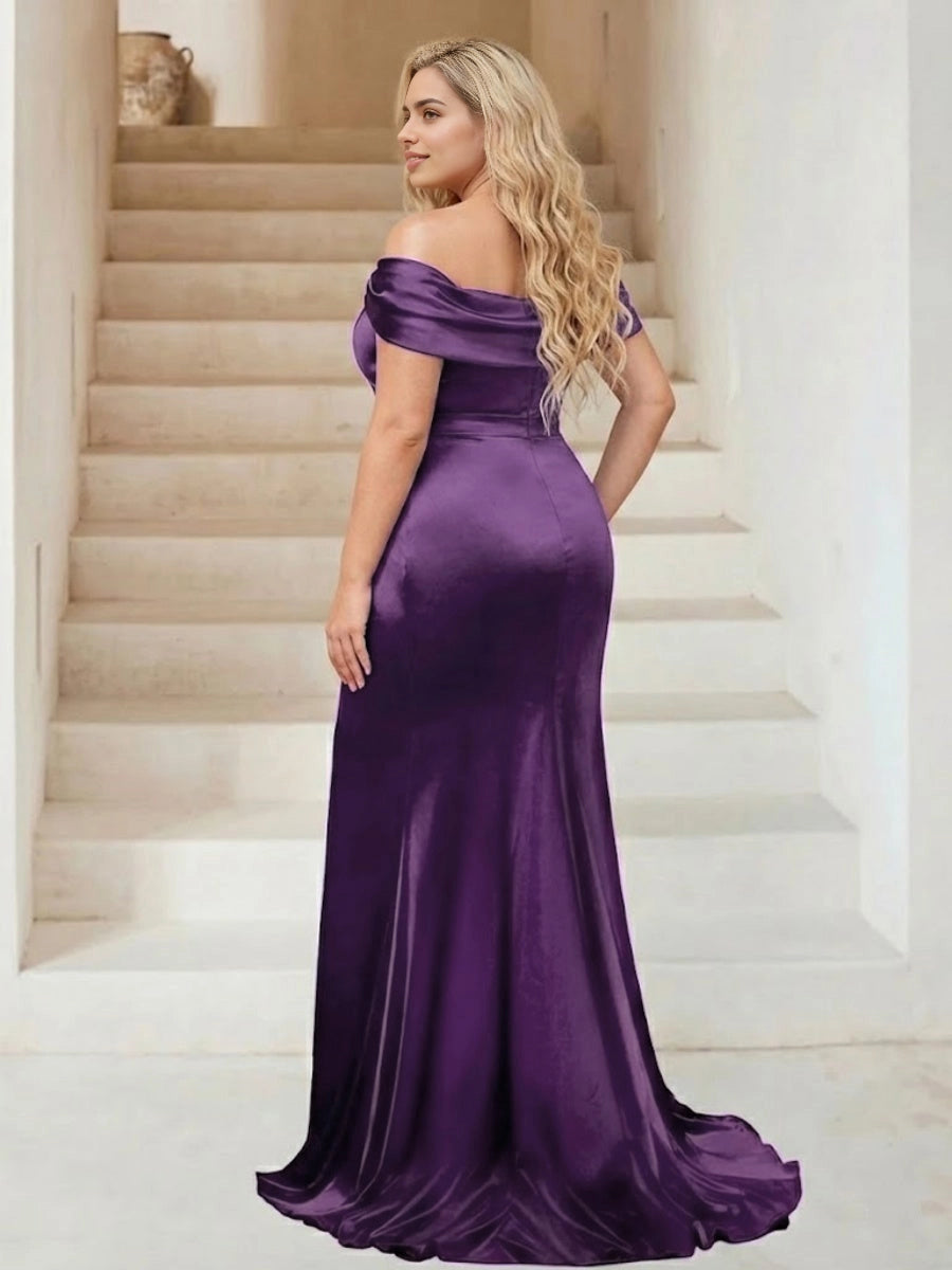 Elegant Purple Mermaid Cowl Neck Off Shoulder Open Back Train Plus Size Mother Of The Bride Dress