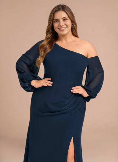 Stunning Plus Size Mermaid One-Shoulder Long Sleeve Plain-Back Floor-Length Mother Of Bride Dress