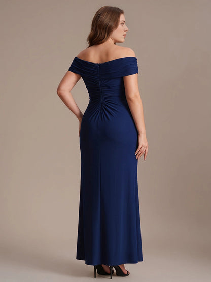 Back view of RoselleDress navy plus size formal gown off shoulder ruched zipper back long evening dress