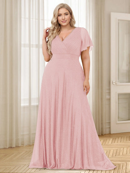 Charming A-Line V-Neck Flutter Sleeve V-Back Floor Length Plus Size Mother Of The Bride Dress