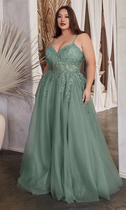 A-Line V-Neck Spaghetti Straps Lace Up Back Floor Length Plus Size Glitter Tulle Lace Prom Dress