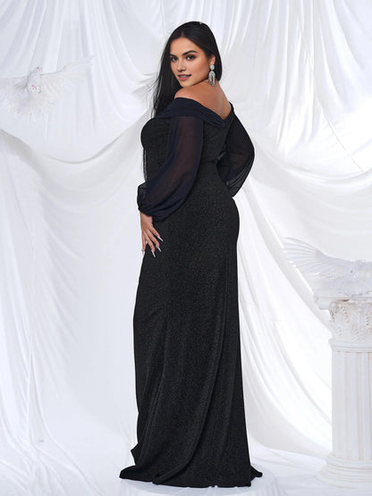 Elegant Mermaid Off‑Shoulder Long‑Sleeve Closed‑Back Floor‑Length Plus Size Wedding Guest Dress